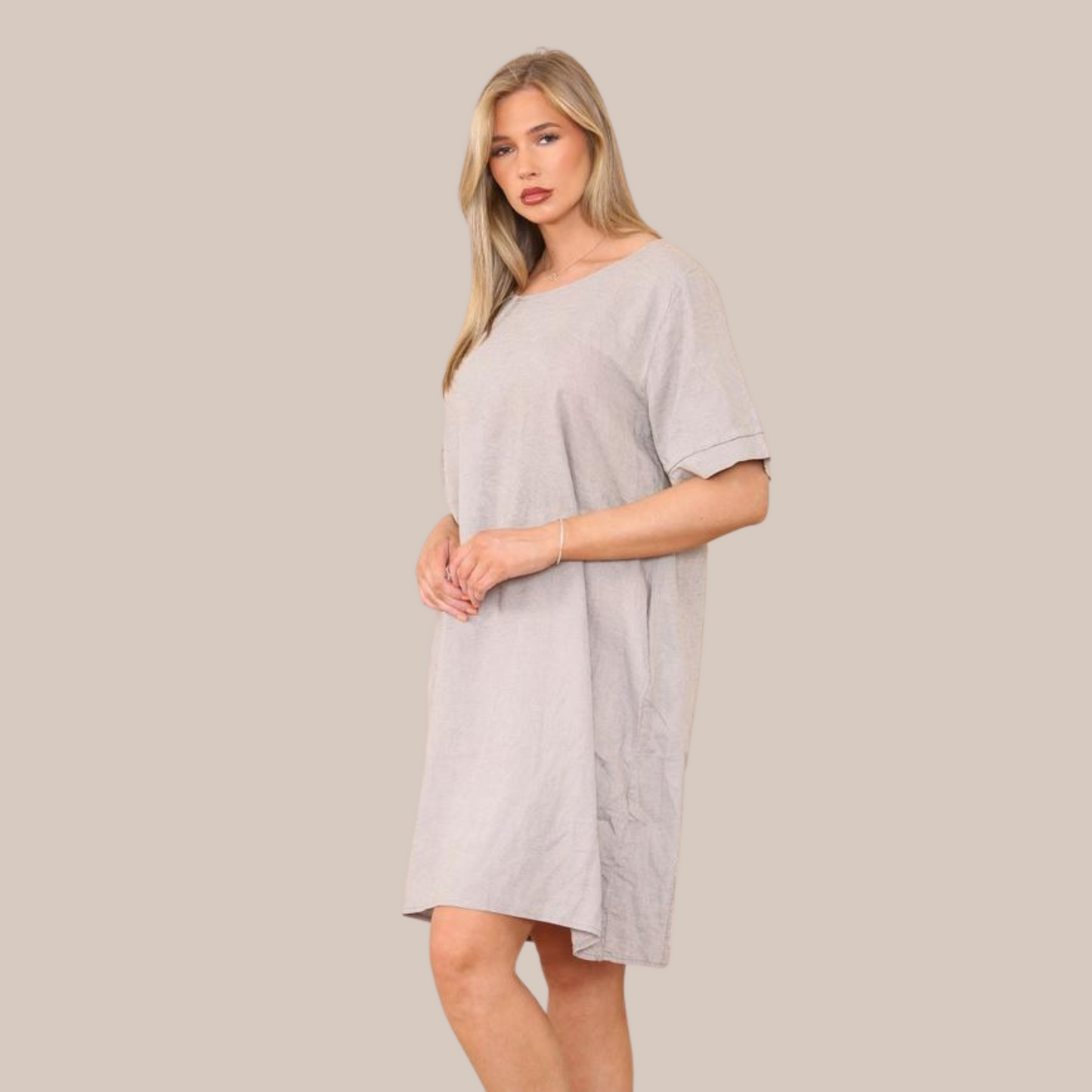 Taupe short Sleeve linen dress with pockets