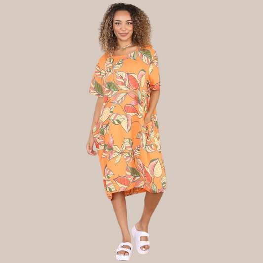 Leaf pattern short sleeve dress