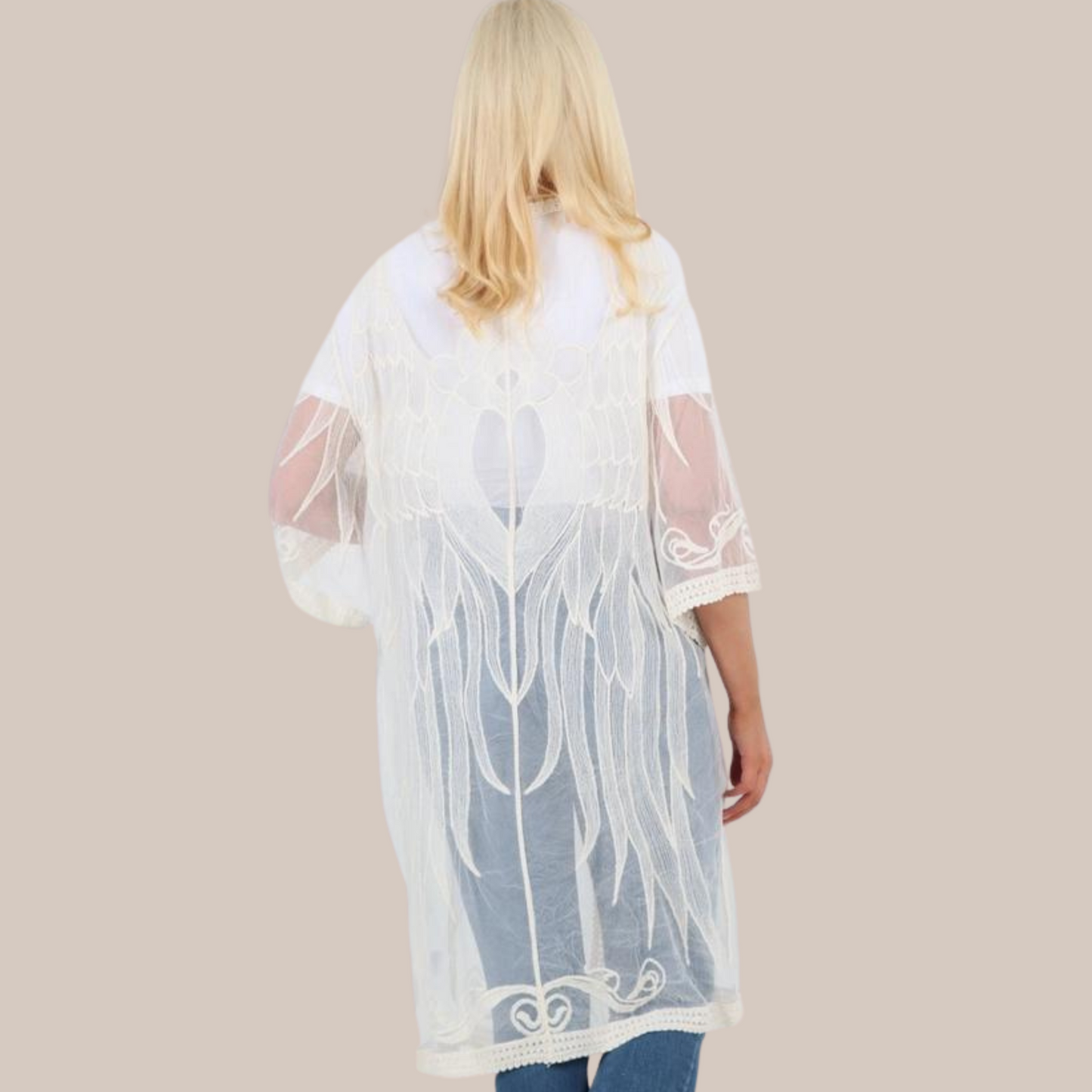 Italian Printed Mesh Net Tie Front Knot Open Kimono also available in cream.