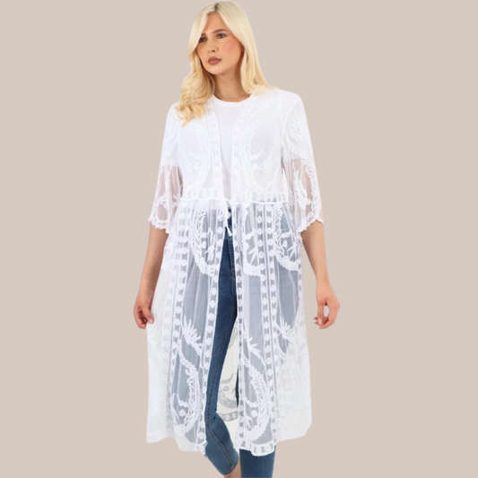 Italian Printed Mesh Net Tie Front Knot Open Kimono also available in cream.