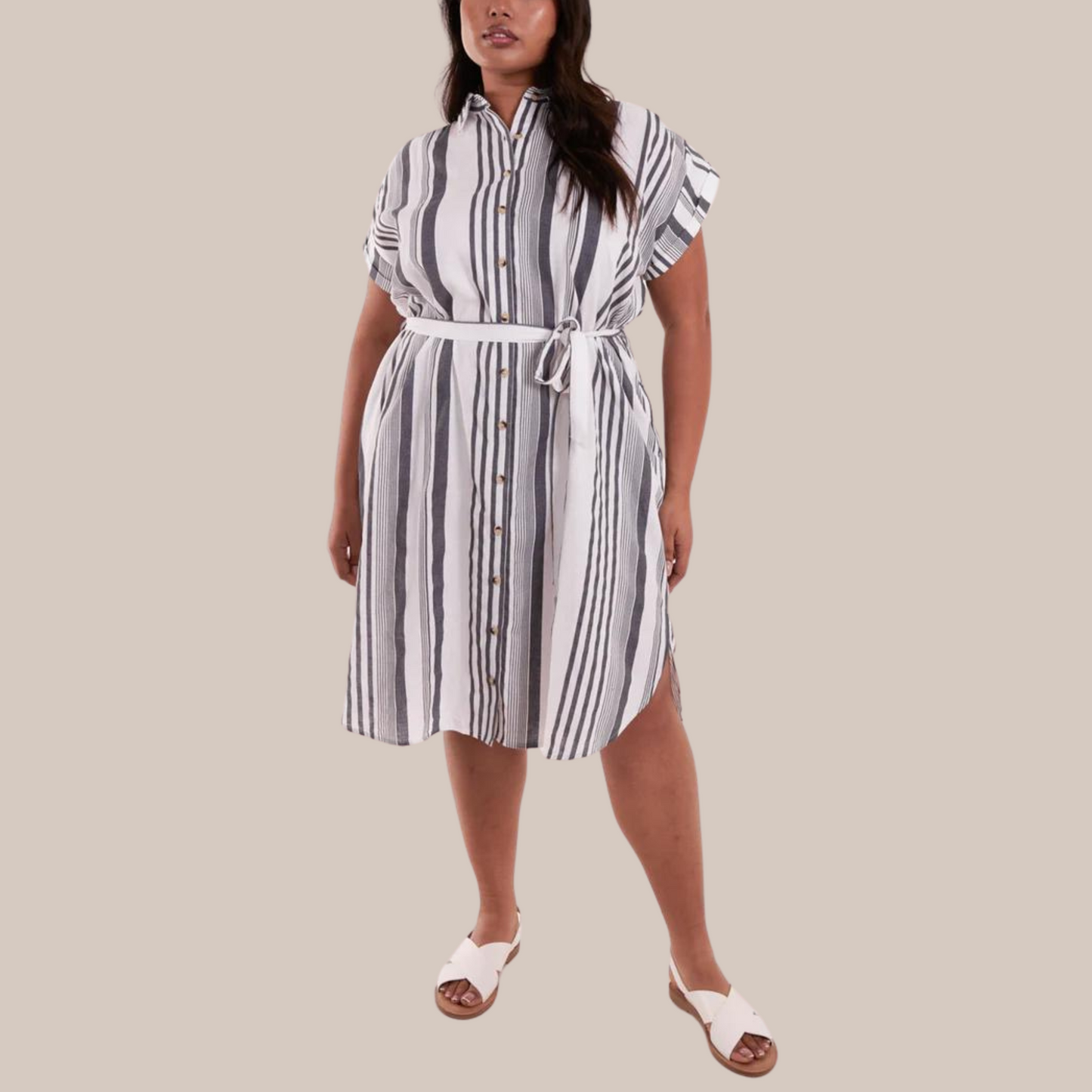 Striped belted shirt dress. Available in various sizes