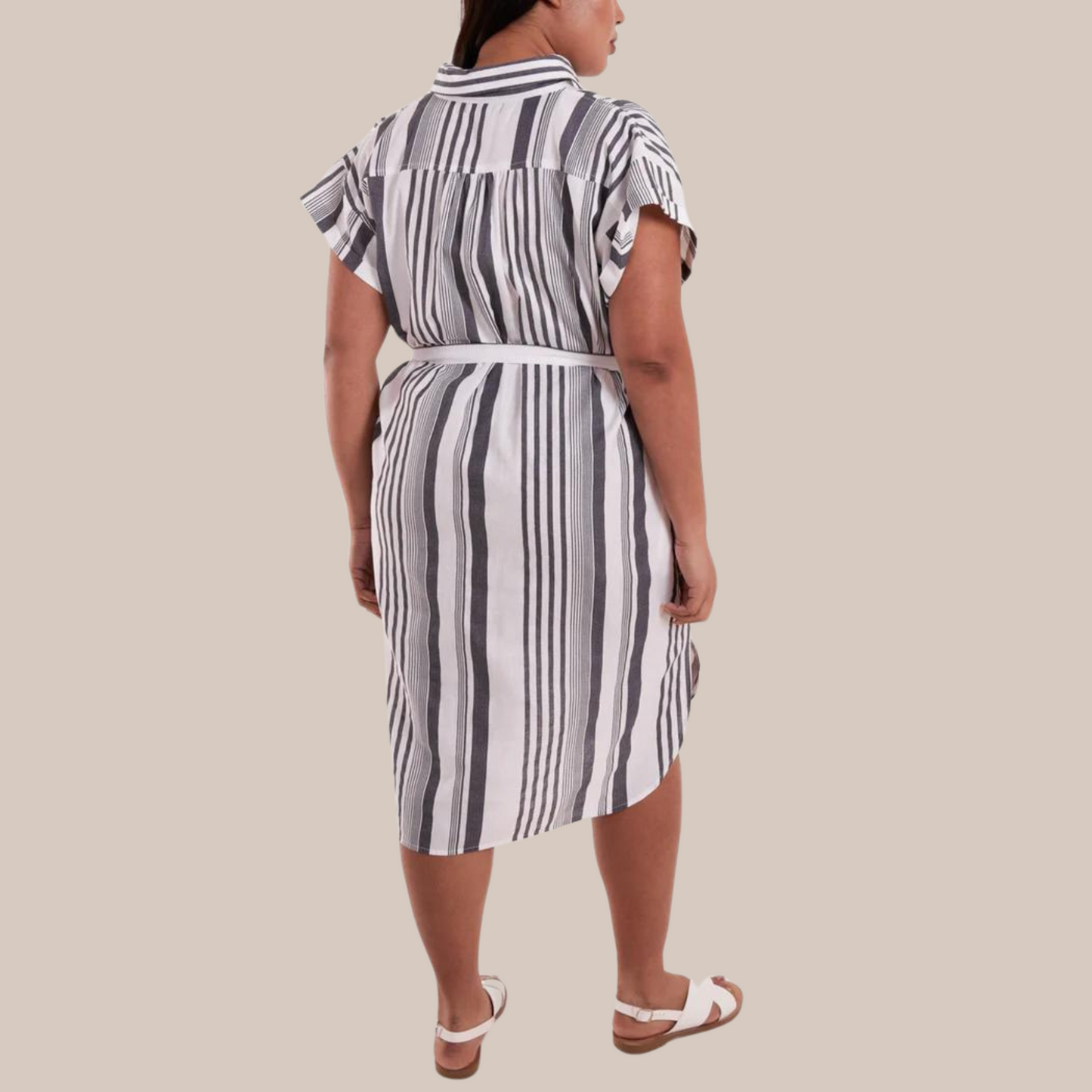 Striped belted shirt dress. Available in various sizes