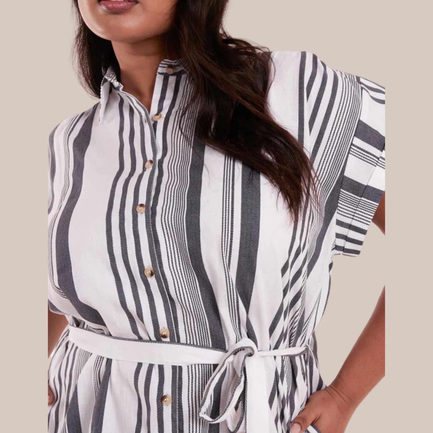 Striped belted shirt dress. Available in various sizes