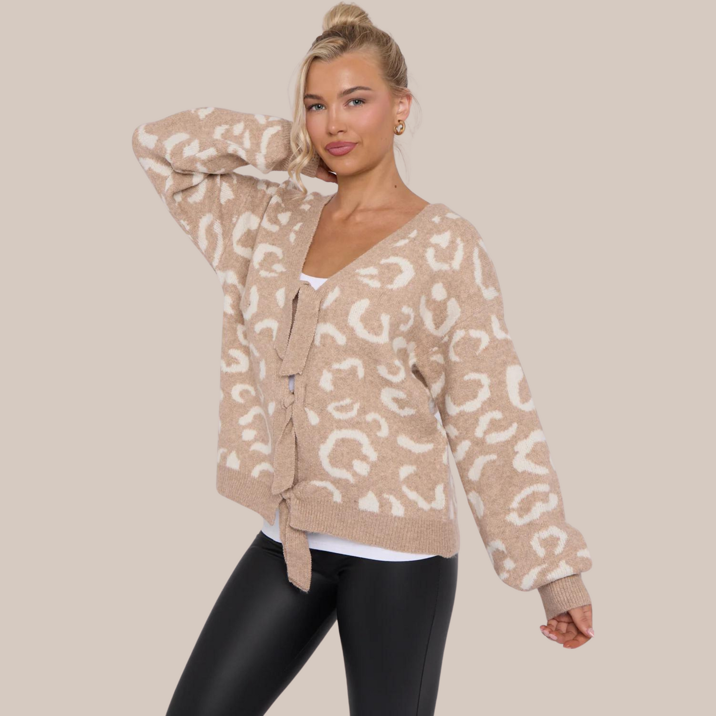 Leopard print tie front jumper. Also available in grey