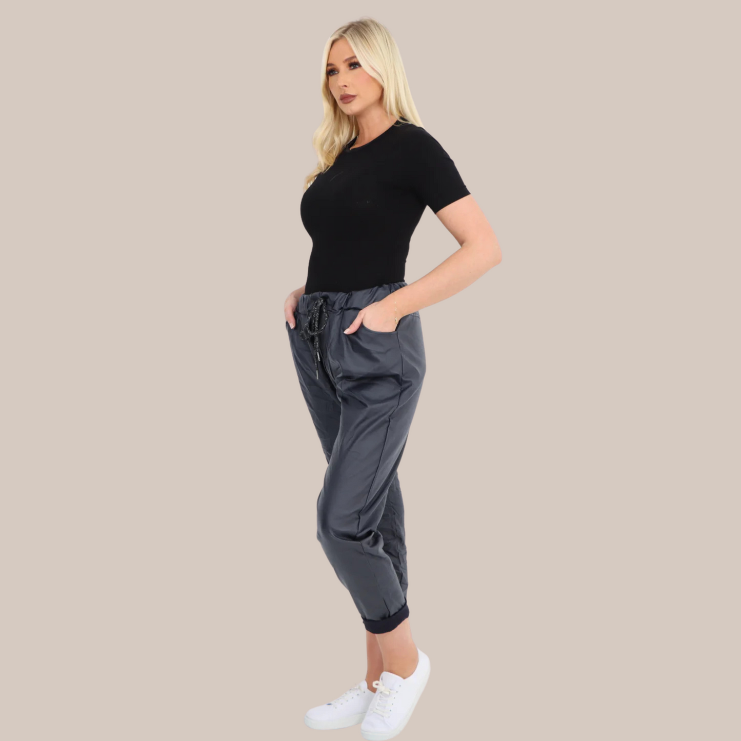 Black Faux leather wet look magic trousers. Also available in navy