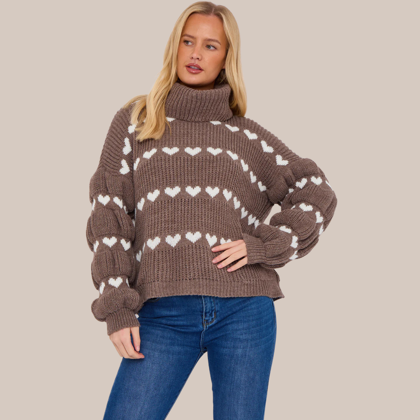 Multi heart design jumper. Also available in Mocha