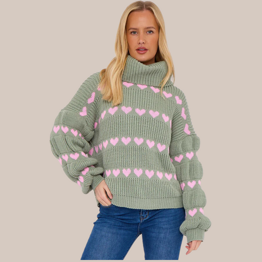 Multi heart design jumper. Also available in Mocha