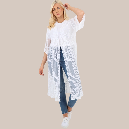 White tie front lace kimono