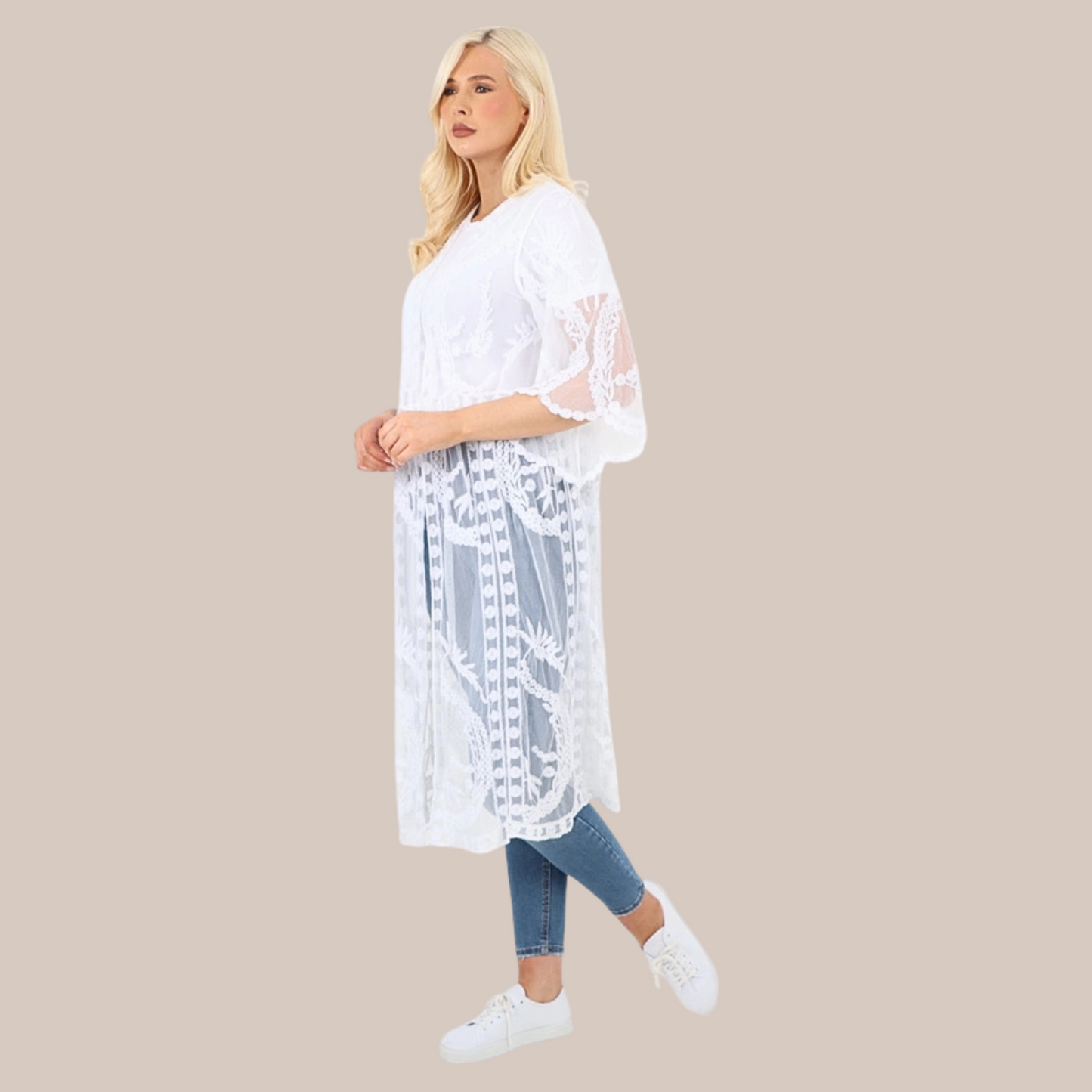 White tie front lace kimono