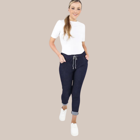 Denim look magic stretch trousers. Available in two sizes.