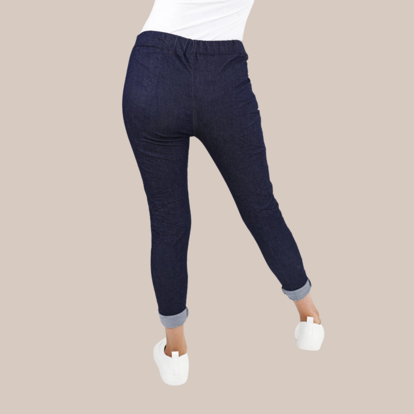 Denim look magic stretch trousers. Available in two sizes.