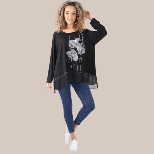 Pretty round neck long sleeve top. Also available in denim.