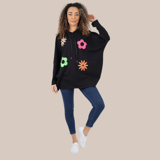 Floral print hooded top.