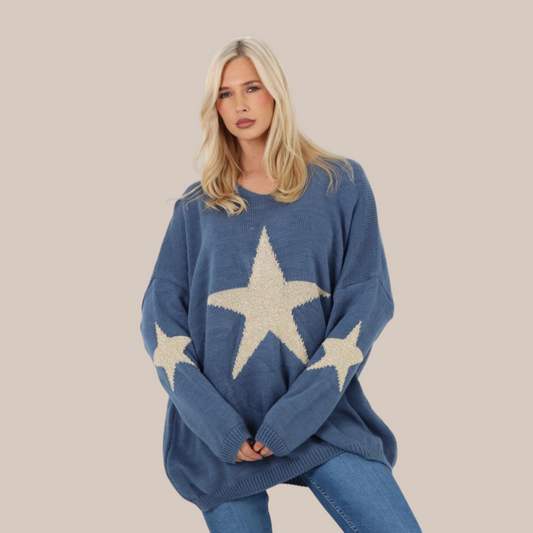 Oversized sparkle star print jumper. Also available in beige