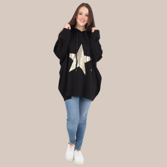 Black oversized gold star design hooded top