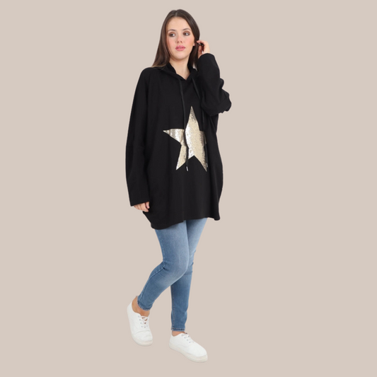 Black oversized gold star design hooded top