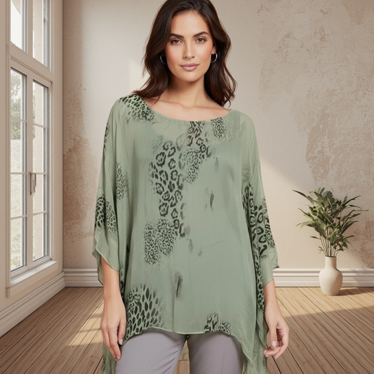 Snake Print Silk Lined 3/4 Sleeve Blouse-Also Available In Khaki