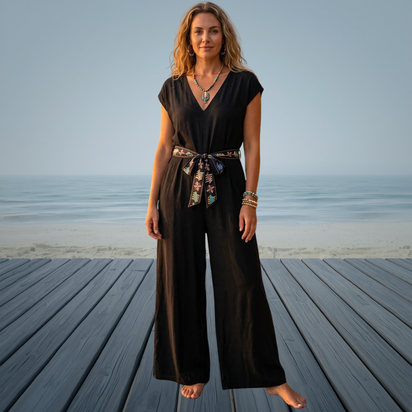 V-Neck Belted Jumpsuit