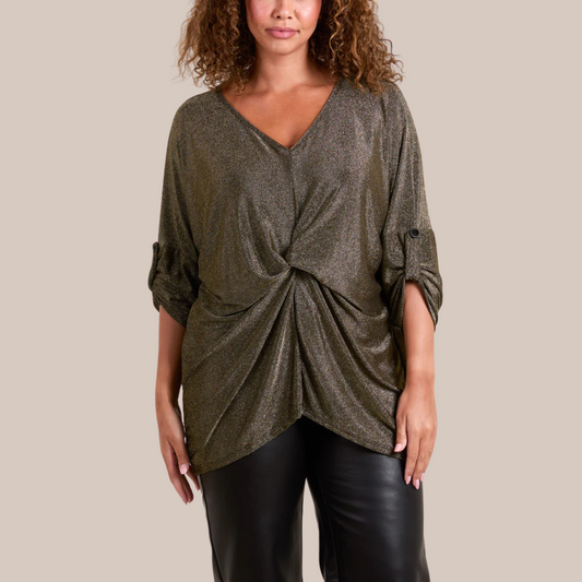 Twisted front 3/4 sleeve shimmer top