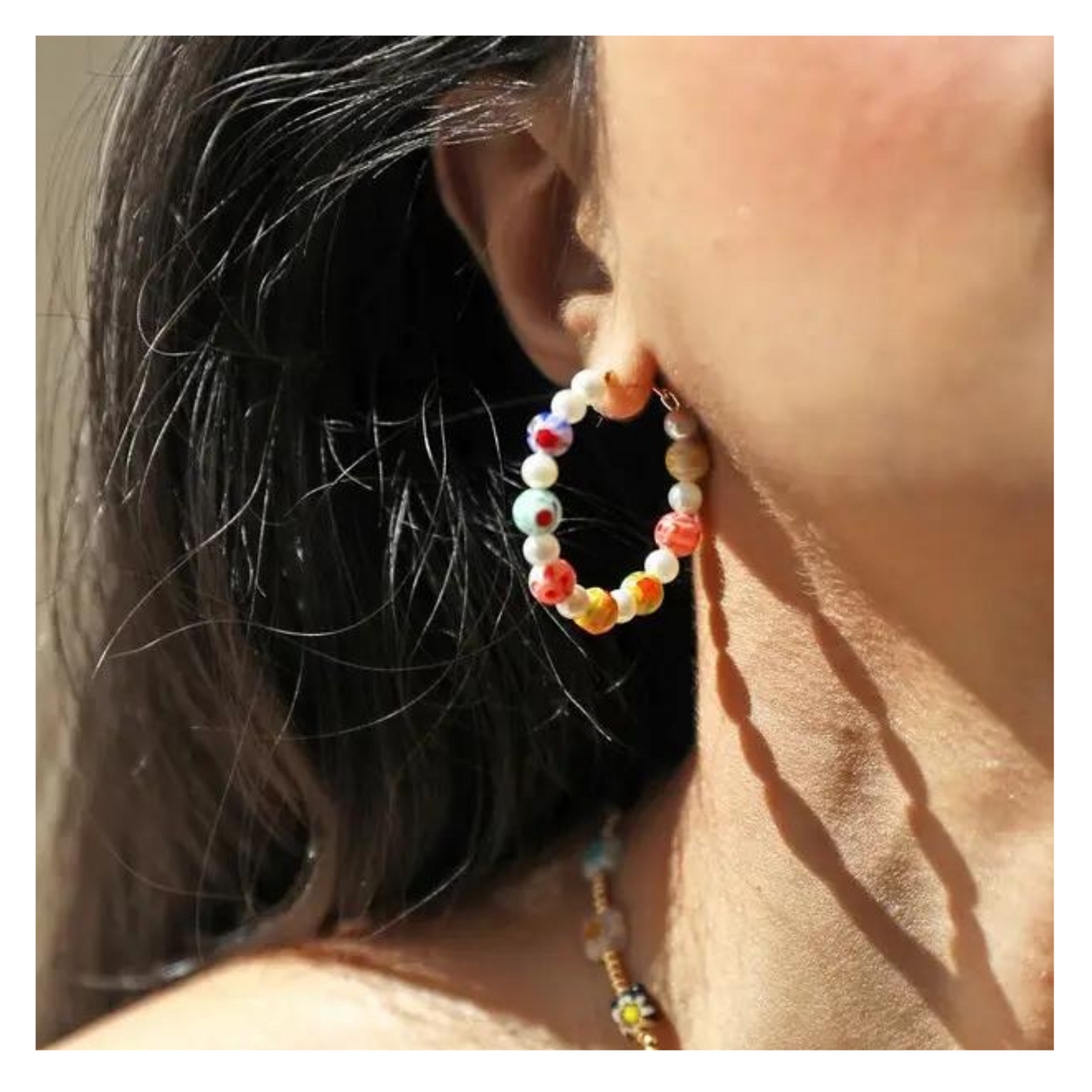 Millefiori Bead and Pearl Hoop Earrings