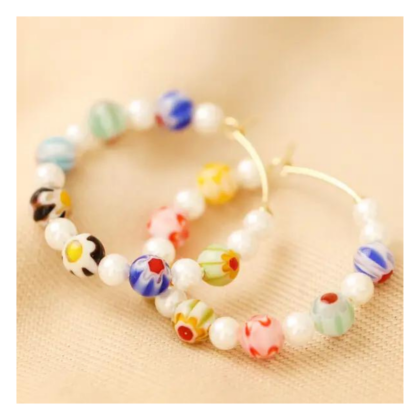 Millefiori Bead and Pearl Hoop Earrings