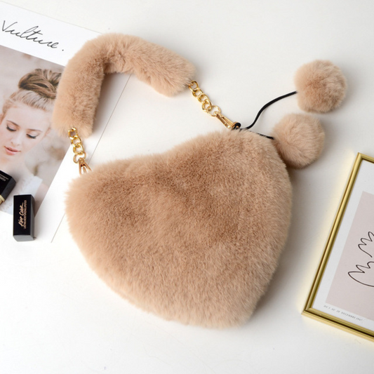 Faux fur Small Heart Pom Pom Bags. - Available In Various Colours